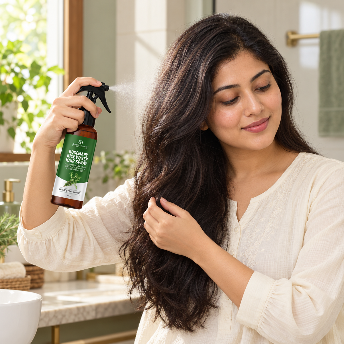 Adult woman applying Botanic Hearth hair spray to her hair